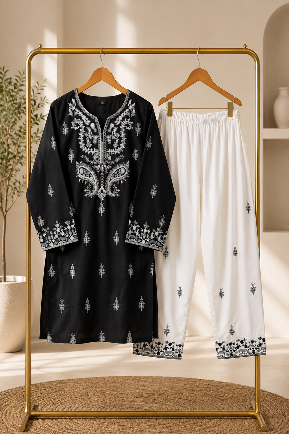 Pakistani Designer Black Cotton Farshi Shalwar Kameez Online in KSA Riyadh Saudi Arabia Oman Bahrain Qatar