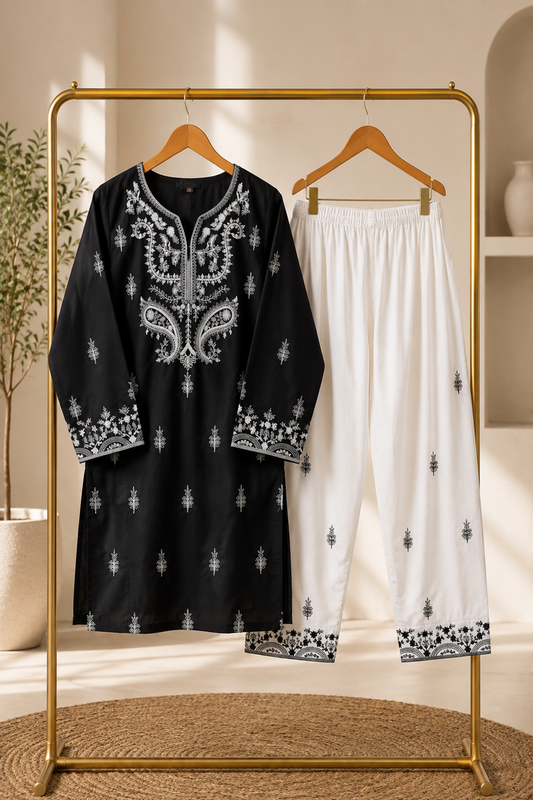 Pakistani Designer Black Cotton Farshi Shalwar Kameez Online in KSA Riyadh Saudi Arabia Oman Bahrain Qatar