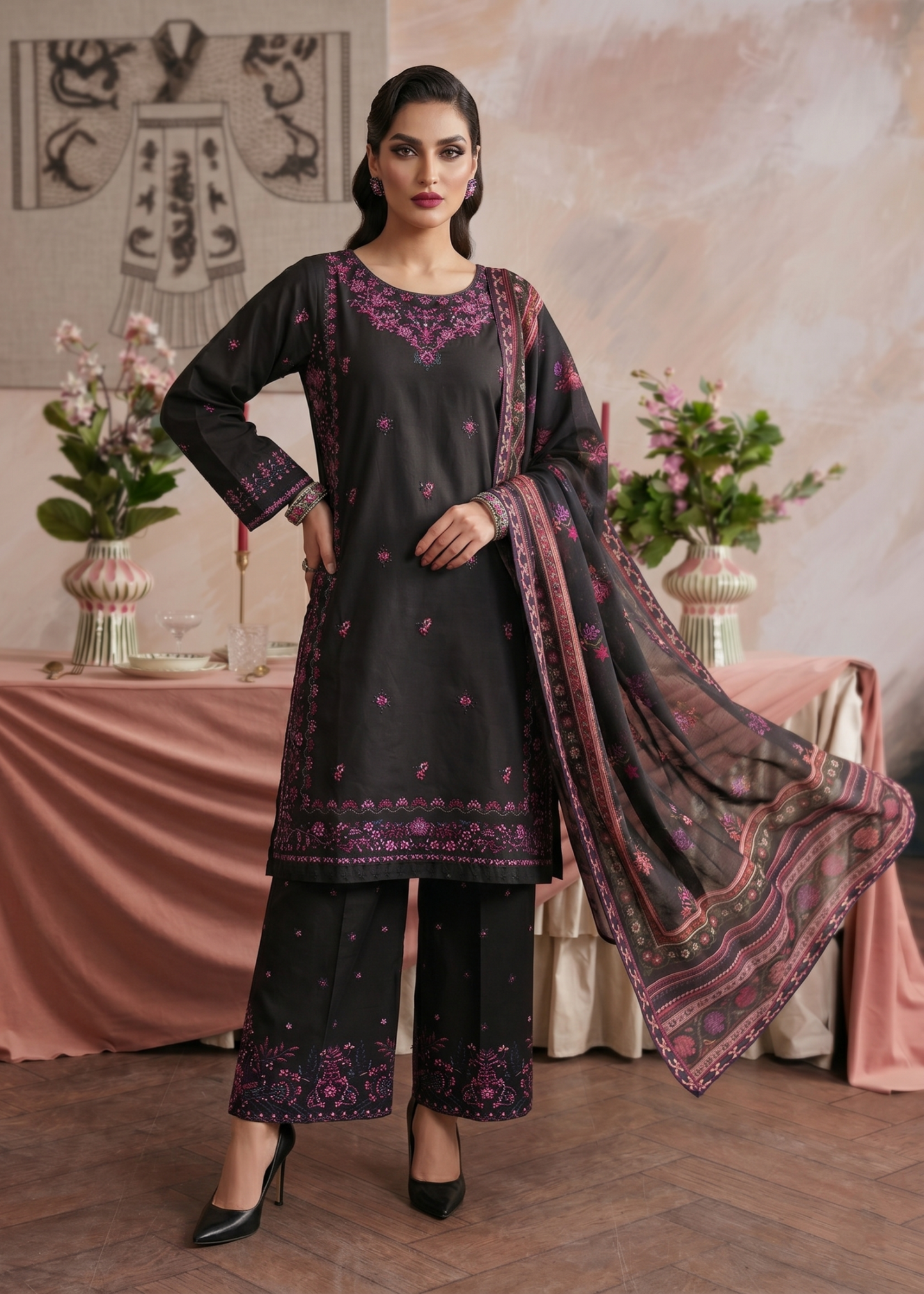 Pakistani Designer Black Cotton Salwar Kameez Online in KSA Riyadh Saudi Arabia Oman Bahrain Qatar