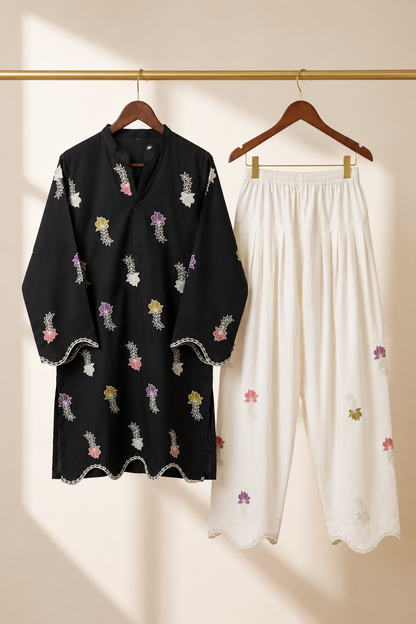 Pakistani Designer Black Cotton Suit with White Farshi Shalwar Online in KSA Riyadh Saudi Arabia Oman Bahrain Qatar