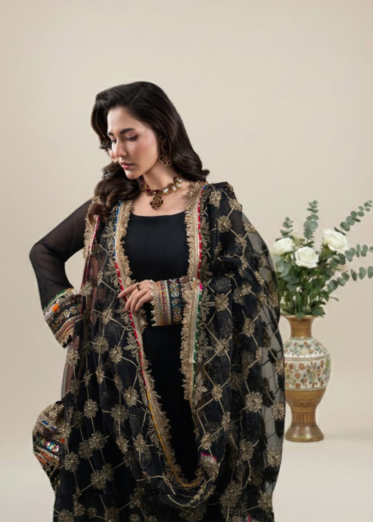 Pakistani Designer Black Crinkle Chiffon Salwar Kameez Online in KSA Riyadh Saudi Arabia Oman Bahrain Qatar