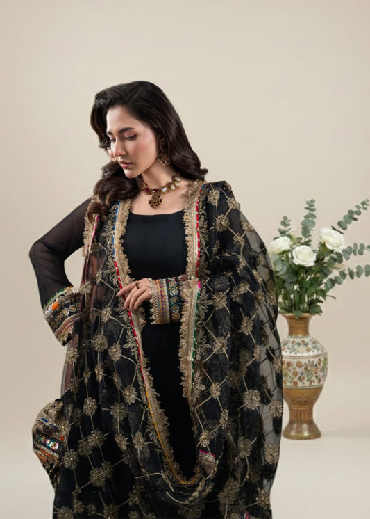 Pakistani Designer Black Crinkle Chiffon Salwar Kameez Online in KSA Riyadh Saudi Arabia Oman Bahrain Qatar