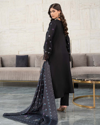 Pakistani Designer Black Dhanak Embroidered Suit Online in KSA Riyadh Saudi Arabia Oman Bahrain Qatar