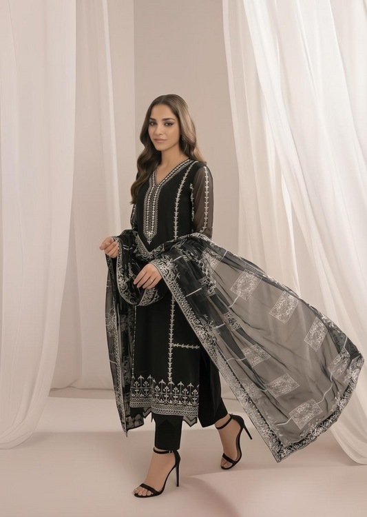 Pakistani Designer Black Embroidered Chiffon Salwar Kameez Online in KSA Riyadh Saudi Arabia Oman Bahrain Qatar
