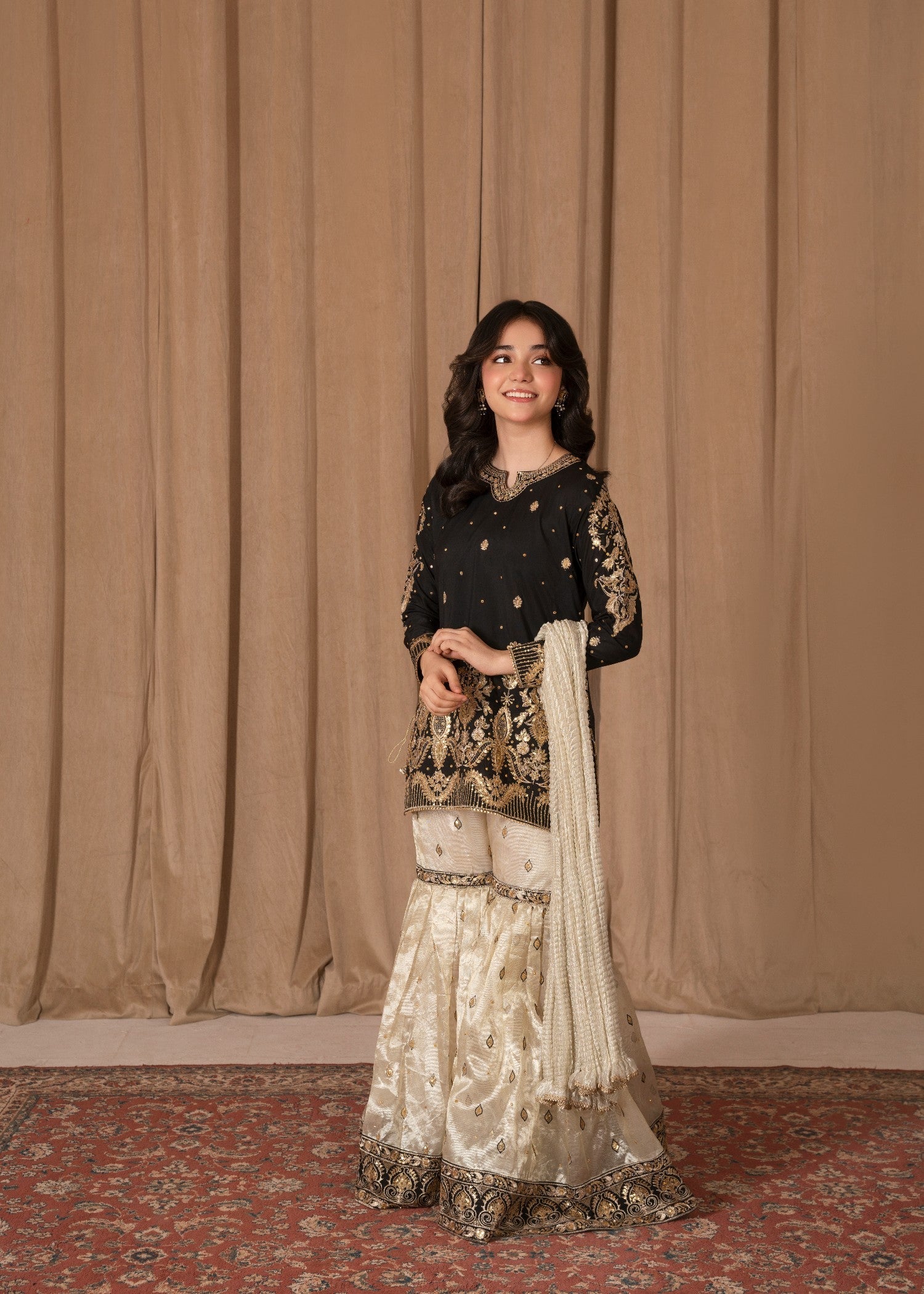 Pakistani Designer Black Embroidered Gharara Salwar Kameez Online in KSA Riyadh Saudi Arabia Oman Bahrain Qatar