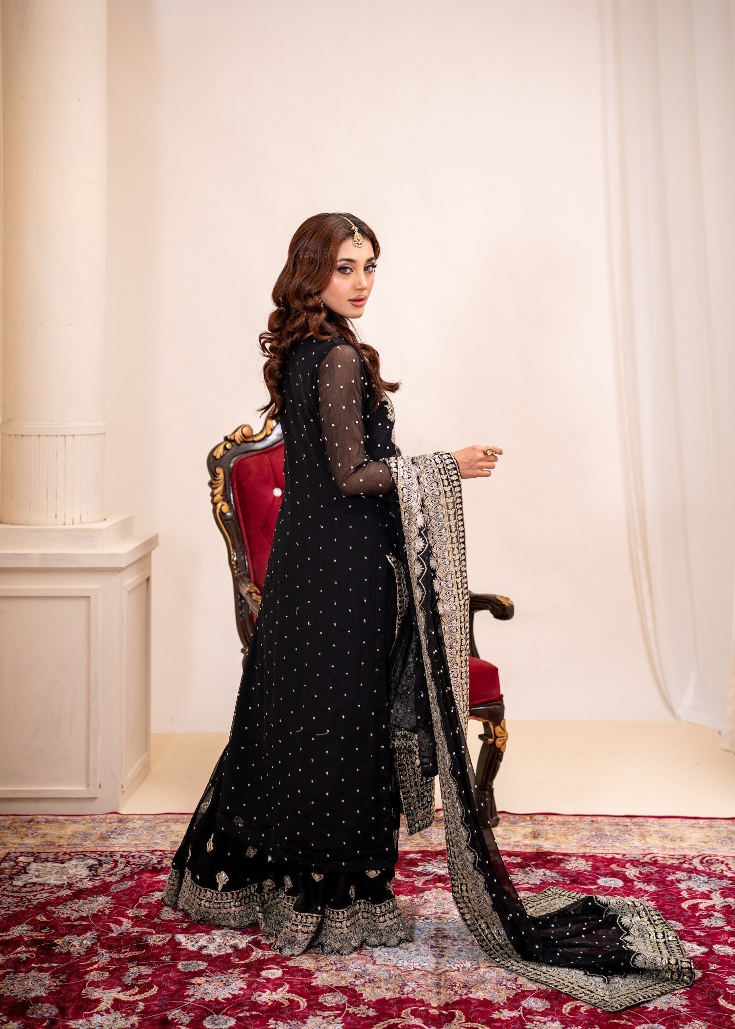 Pakistani Designer Black Embroidered Gharara Suit Online in KSA Riyadh Saudi Arabia Oman Bahrain Qatar