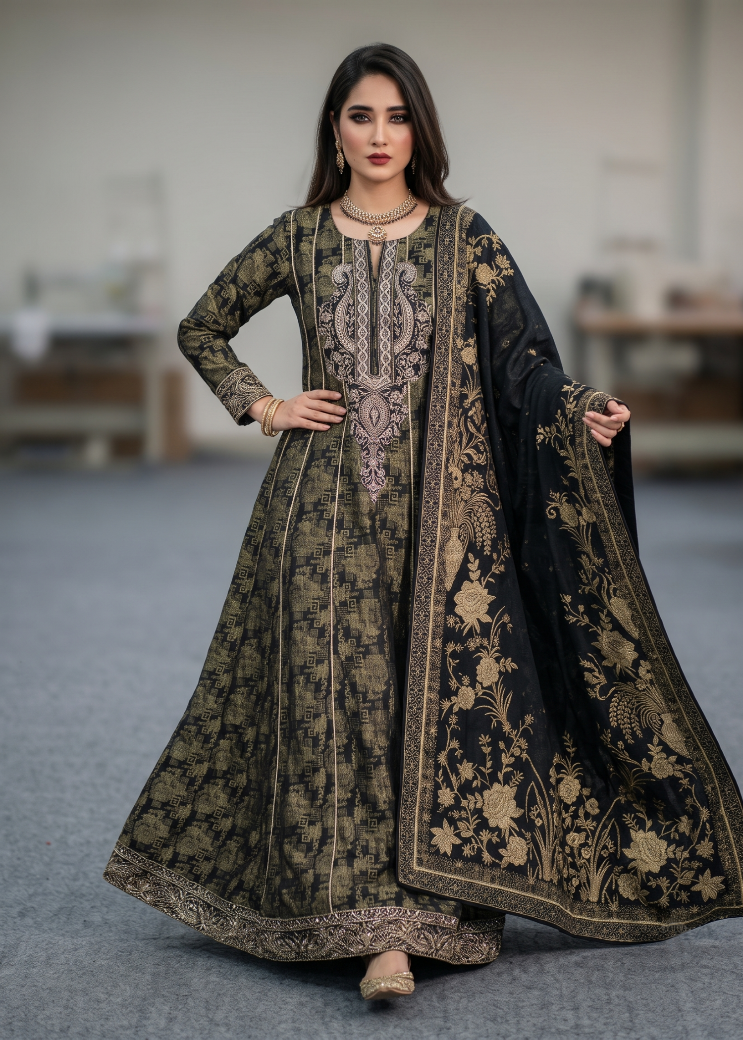 Pakistani Designer Black Embroidered Jacquard Salwar Kameez Online in KSA Riyadh Saudi Arabia Oman Bahrain Qatar