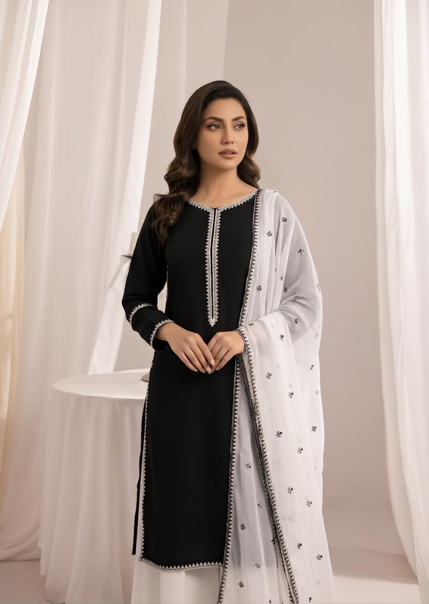 Pakistani Designer Black Embroidered Kurti Sharara Online in KSA Riyadh Saudi Arabia Oman Bahrain Qatar