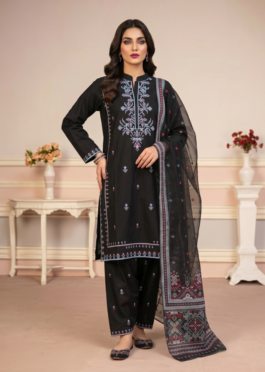 Pakistani Designer Black Embroidered Lawn Salwar Kameez Online in KSA Riyadh Saudi Arabia Oman Bahrain Qatar
