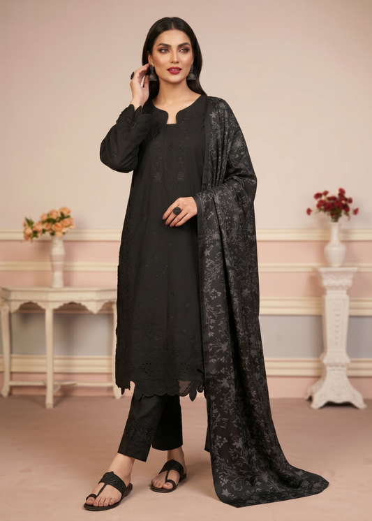 Pakistani Designer Black Embroidered Lawn Salwar Suit Online in KSA Riyadh Saudi Arabia Oman Bahrain Qatar