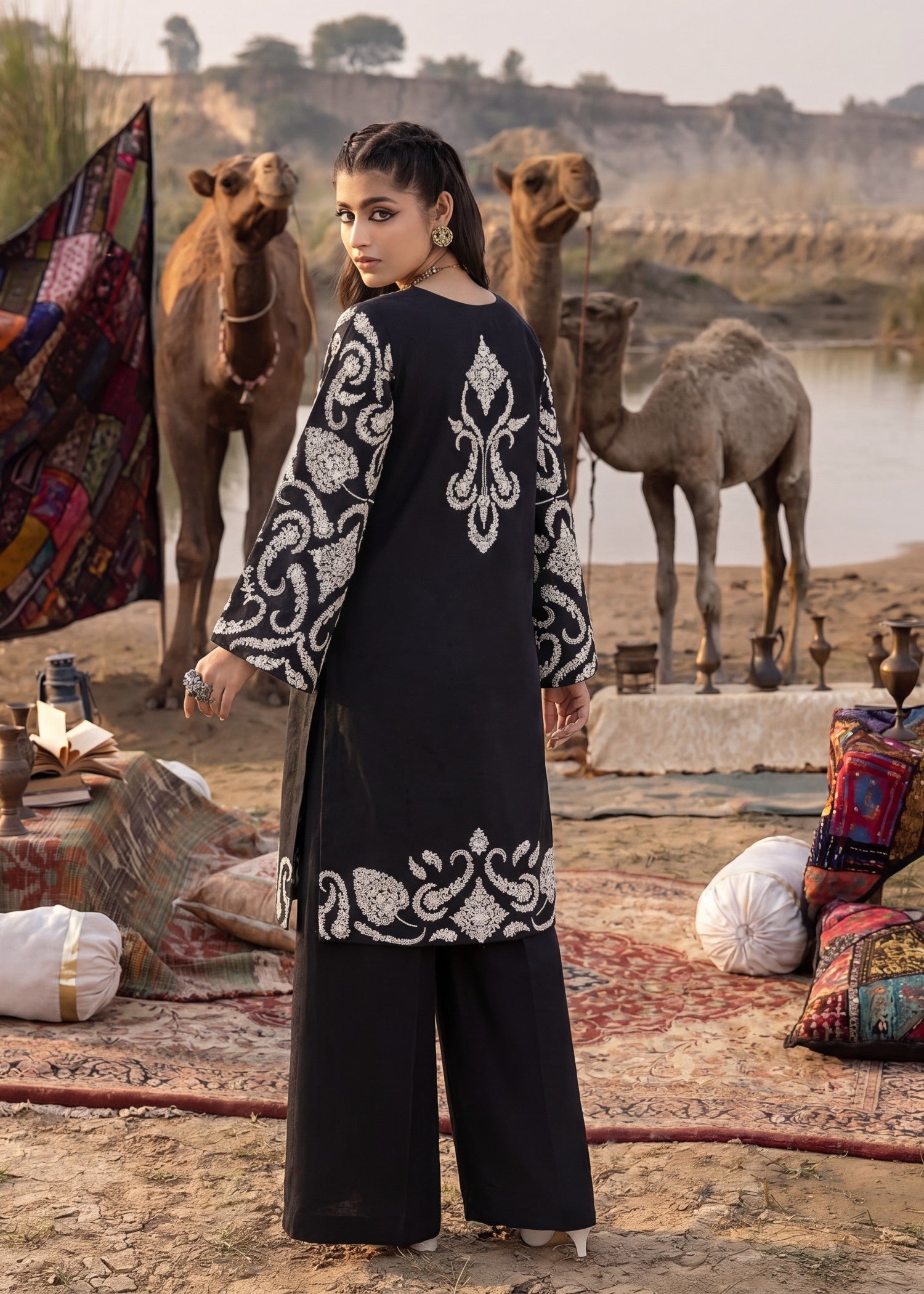 Pakistani Designer Black Embroidered Lawn Suit Online in KSA Riyadh Saudi Arabia Oman Bahrain Qatar