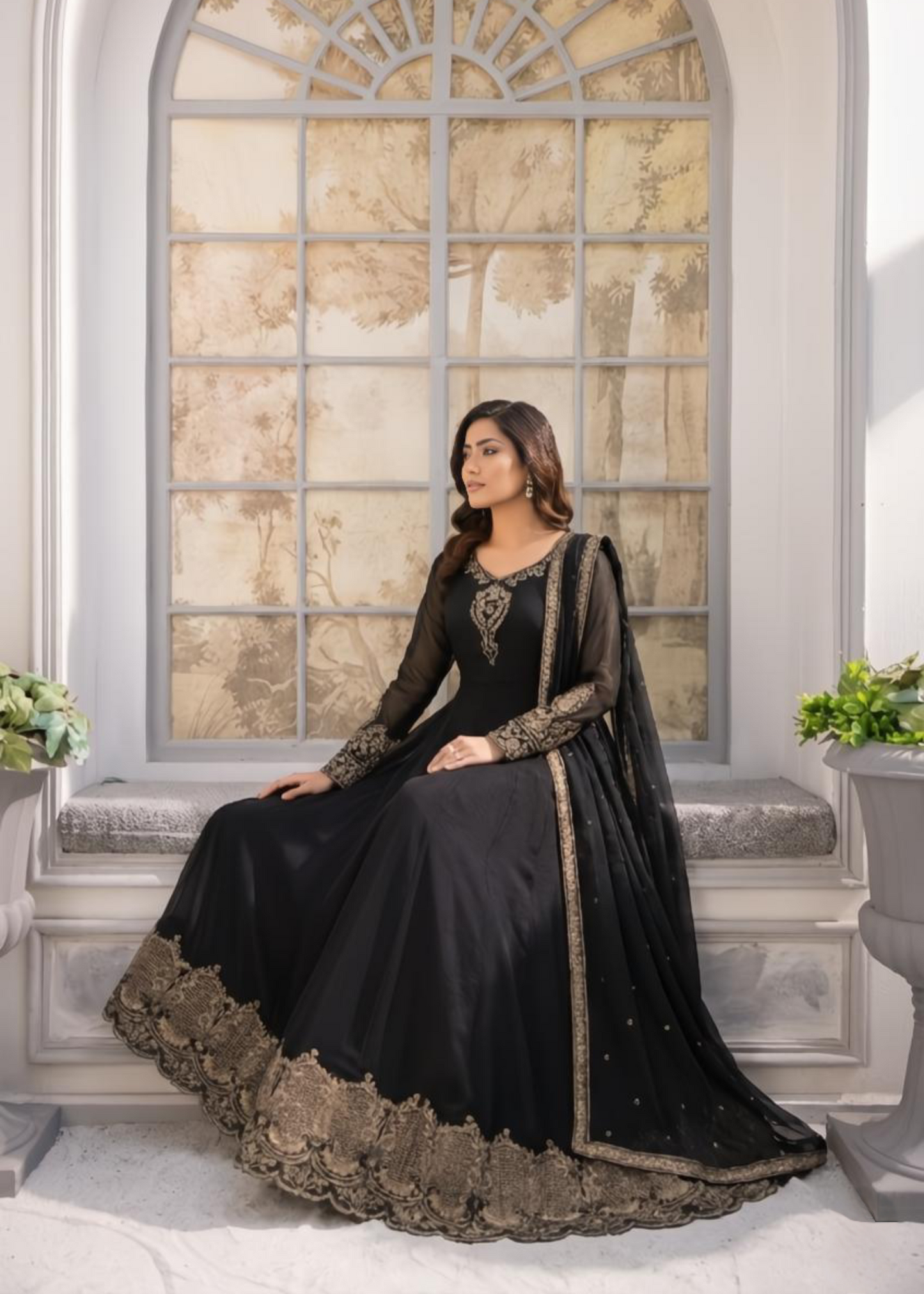 Pakistani Designer Black Embroidered Maxi Dress Online in KSA Riyadh Saudi Arabia Oman Bahrain Qatar