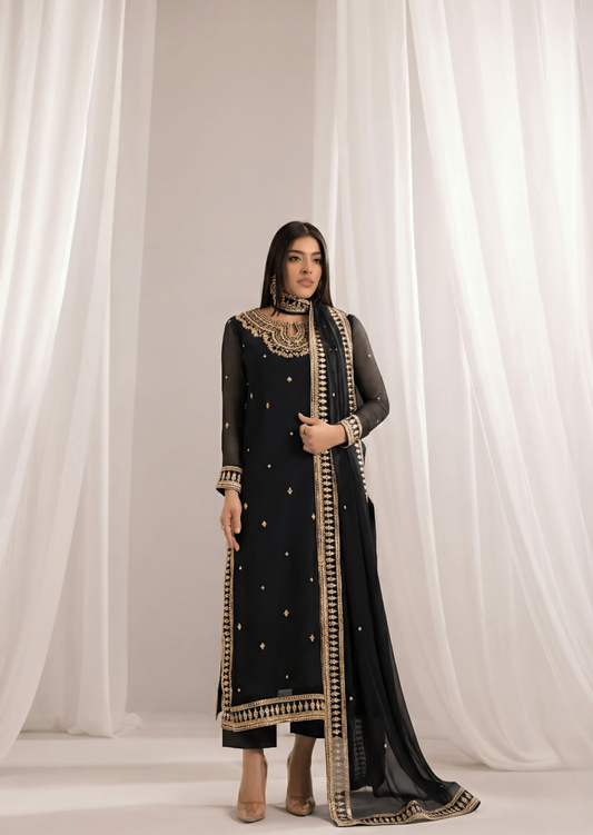 Pakistani Designer Black Embroidered Partywear Suit Online in KSA Riyadh Saudi Arabia Oman Bahrain Qatar