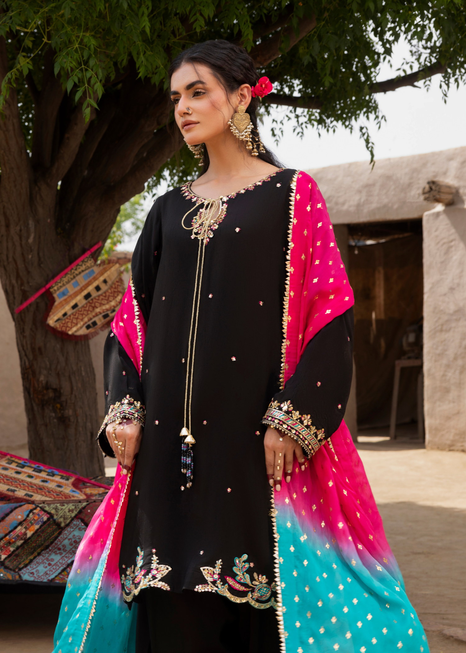Pakistani Designer Black Embroidered Raw Silk Salwar Kameez Online in KSA Riyadh Saudi Arabia Oman Bahrain Qatar