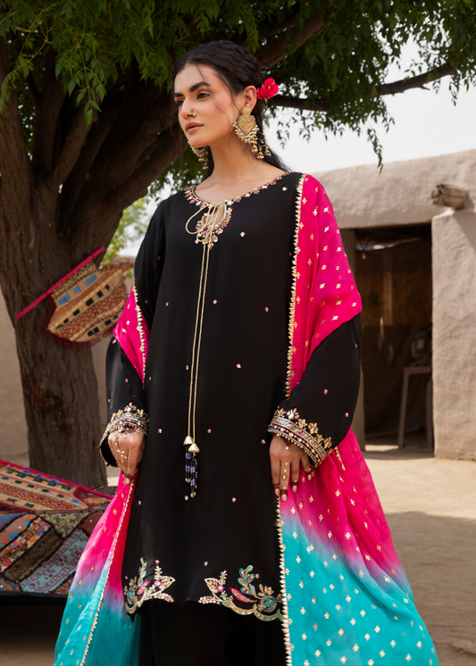 Pakistani Designer Black Embroidered Raw Silk Salwar Kameez Online in KSA Riyadh Saudi Arabia Oman Bahrain Qatar