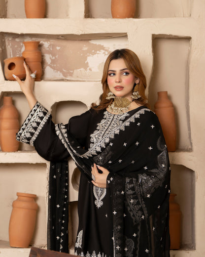 Pakistani Designer Black Embroidered Shamoz Silk Suit Online in Sri Lanka India Australia