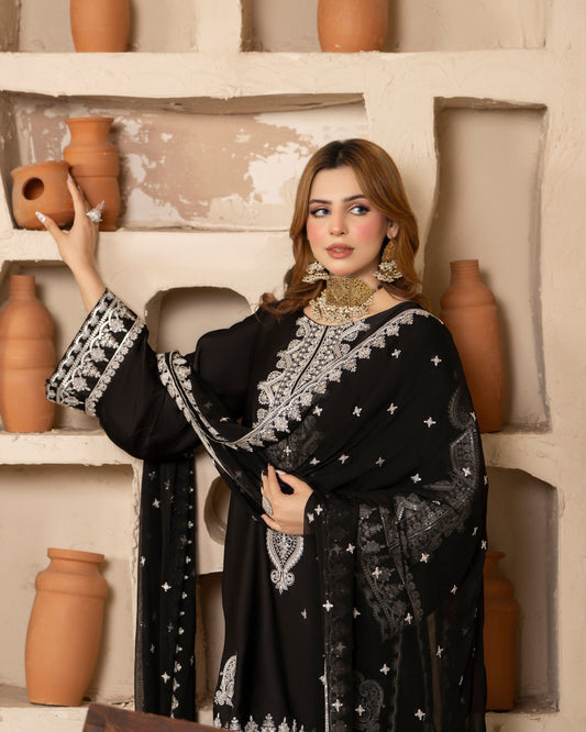 Pakistani Designer Black Embroidered Shamoz Silk Suit Online in Sri Lanka India Australia