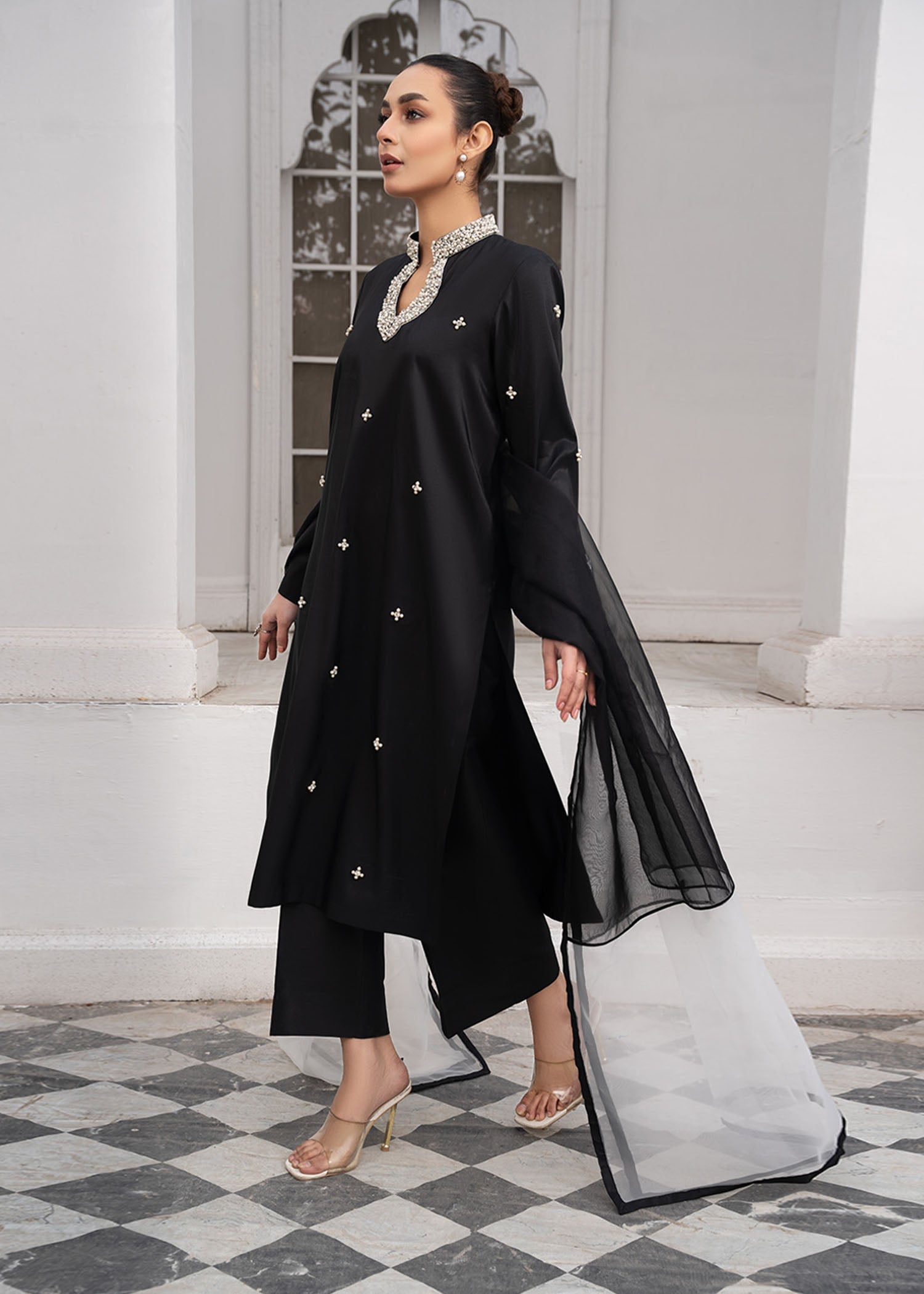 Pakistani Designer Black Embroidered Silk Suit Online in KSA Riyadh Saudi Arabia Oman Bahrain Qatar