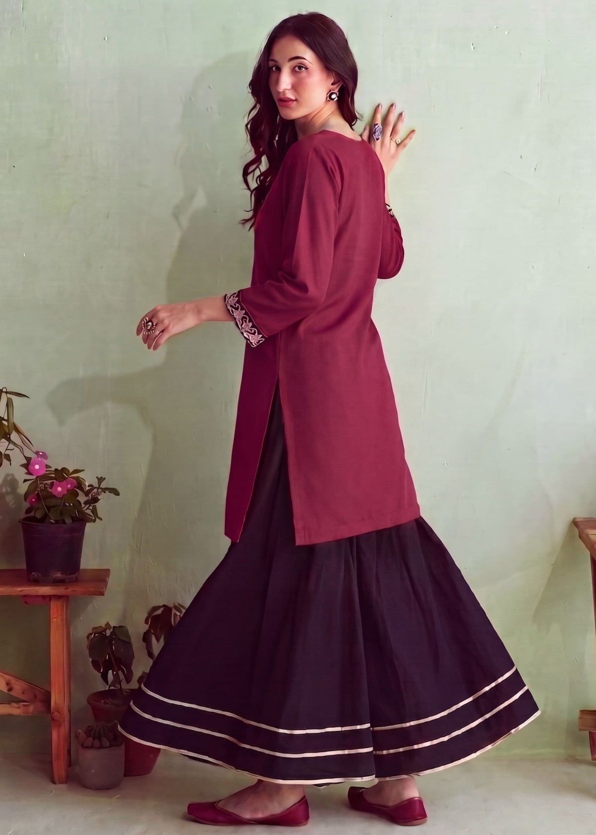 Pakistani Designer Black Khaddar Sharara Gharara Online in KSA Riyadh Saudi Arabia Oman Bahrain Qatar