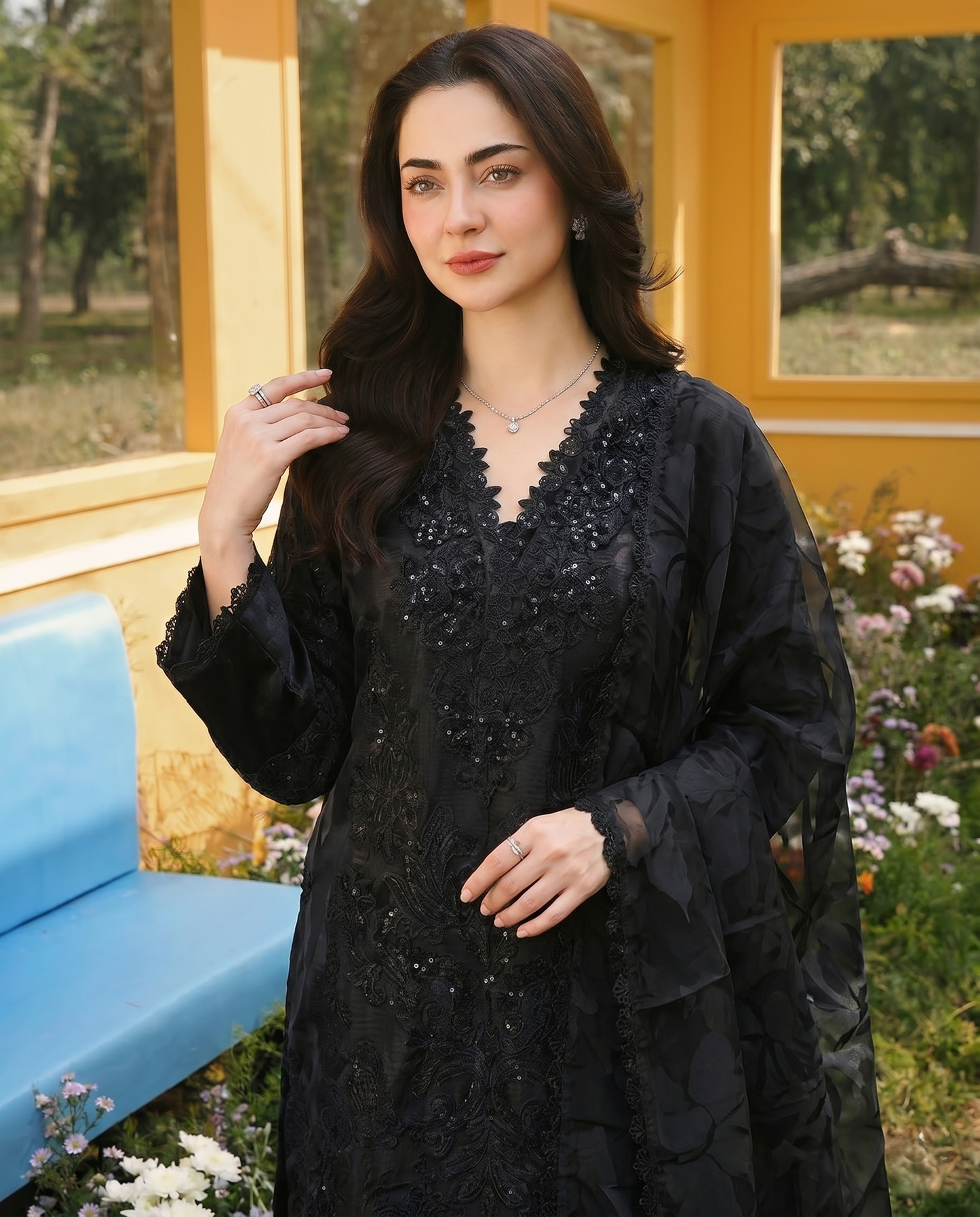 Pakistani Designer Black Khadi Ready to Wear Salwar Kameez Online in KSA Riyadh Saudi Arabia Oman Bahrain Qatar