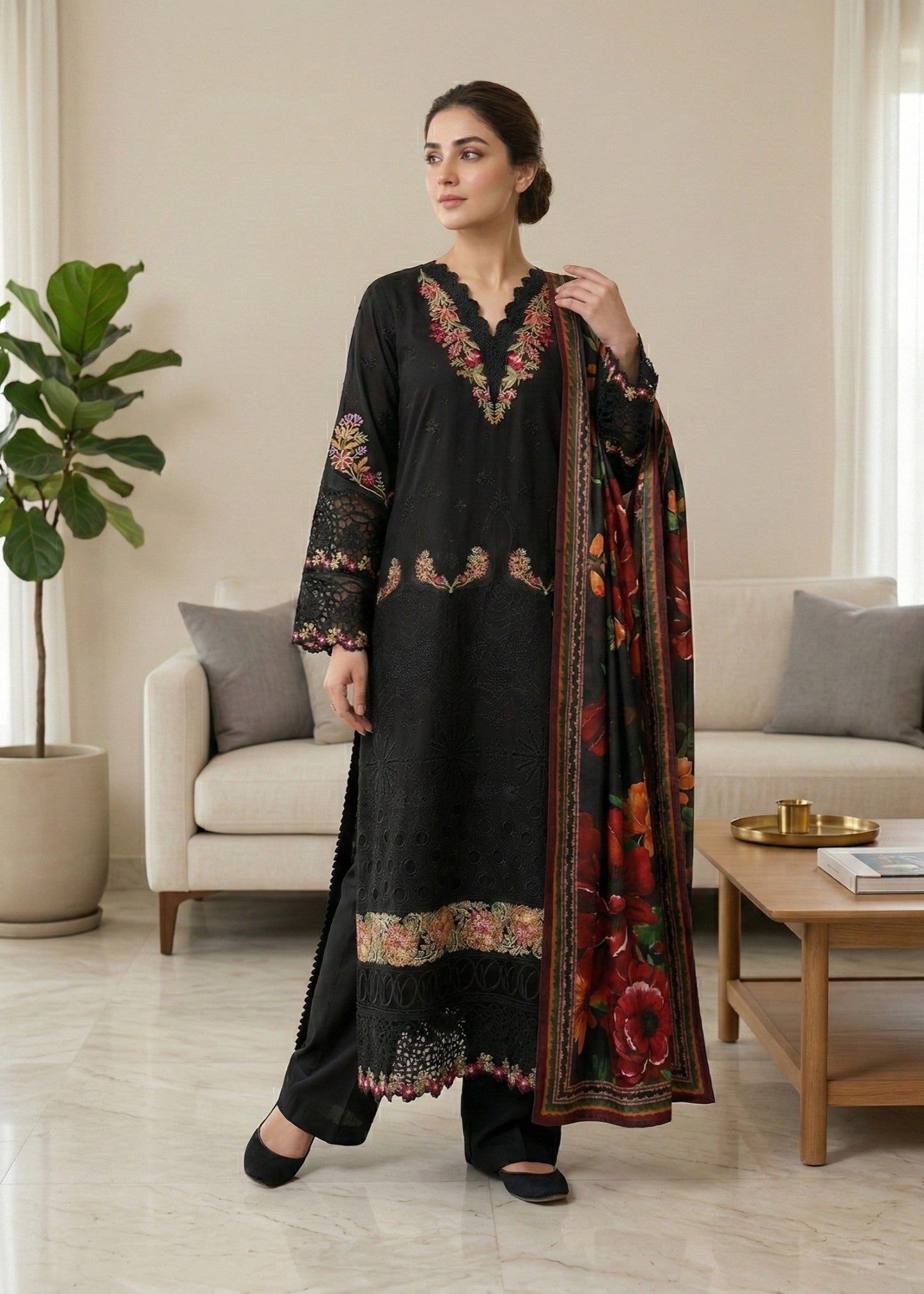 Pakistani Designer Black Lawn Embroidered Salwar Kameez Online in KSA Riyadh Saudi Arabia Oman Bahrain Qatar