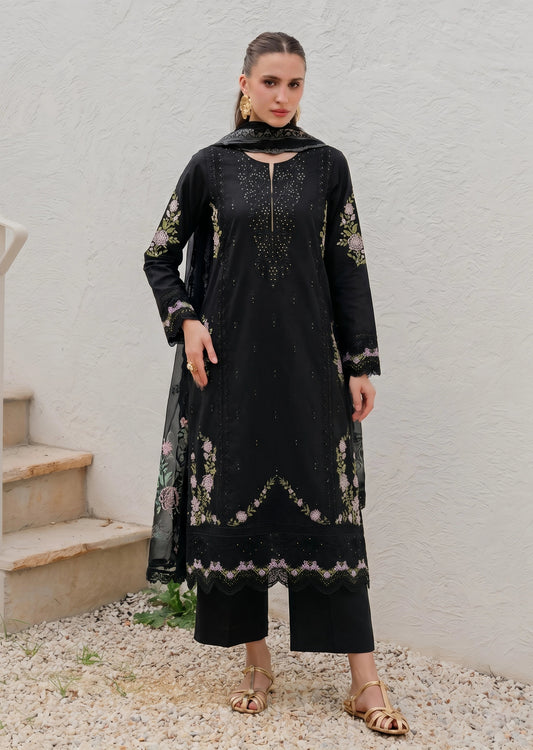 Pakistani Designer Black Lawn Embroidered Suit Online in KSA Riyadh Saudi Arabia Oman Bahrain Qatar