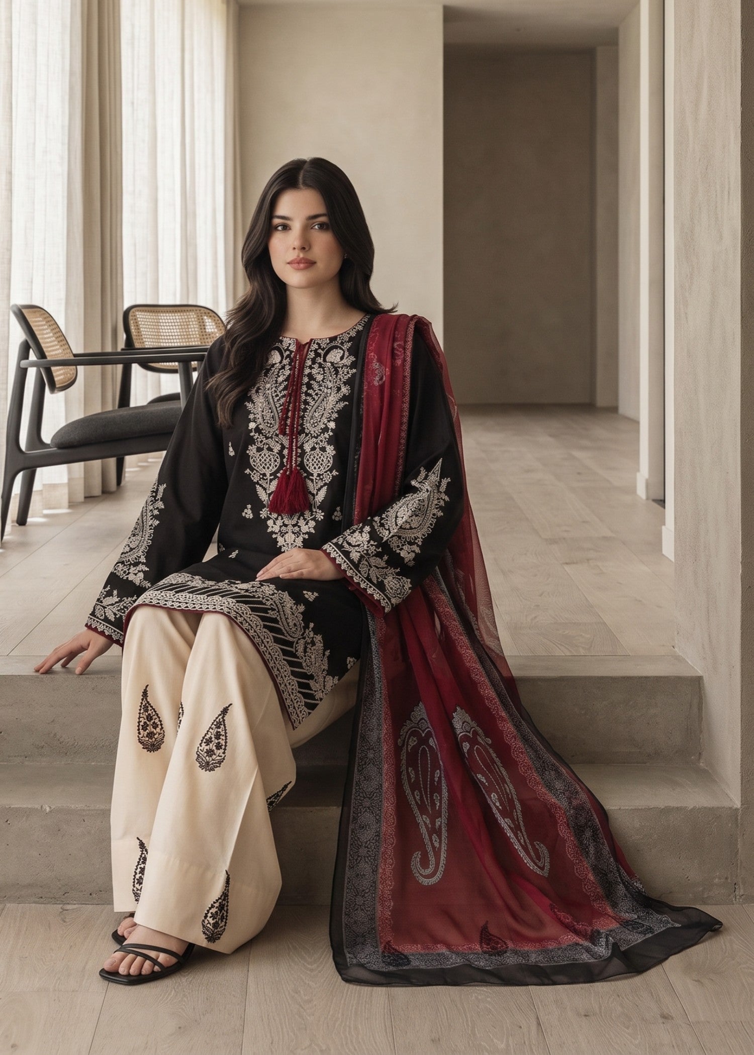 Pakistani Designer Black Lawn Kurta with Farshi Pajama Online in KSA Riyadh Saudi Arabia Oman Bahrain Qatar