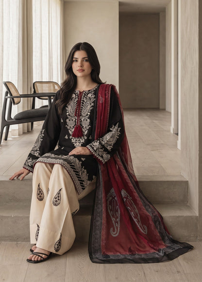 Pakistani Designer Black Lawn Kurta with Farshi Pajama Online in KSA Riyadh Saudi Arabia Oman Bahrain Qatar