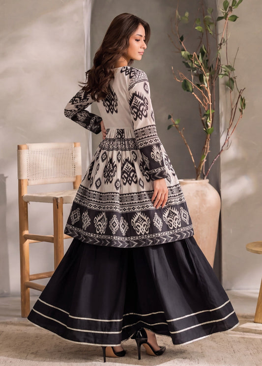 Pakistani Designer Black Lawn Peplum Frock Sharara Online in KSA Riyadh Saudi Arabia Oman Bahrain Qatar