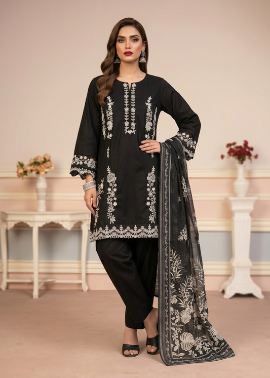 Pakistani Designer Black Lawn Salwar Kameez Online in KSA Riyadh Saudi Arabia Oman Bahrain Qatar