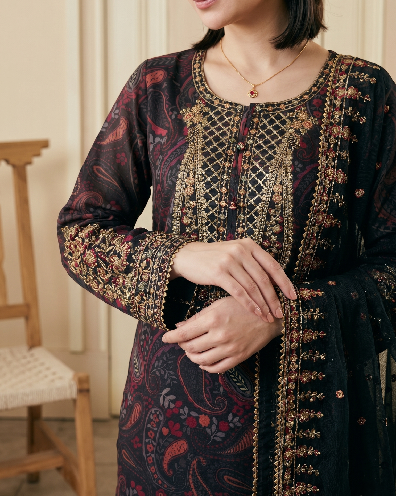 Pakistani Designer Black Lawn Salwar Kameez Online in KSA Riyadh Saudi Arabia Oman Bahrain Qatar