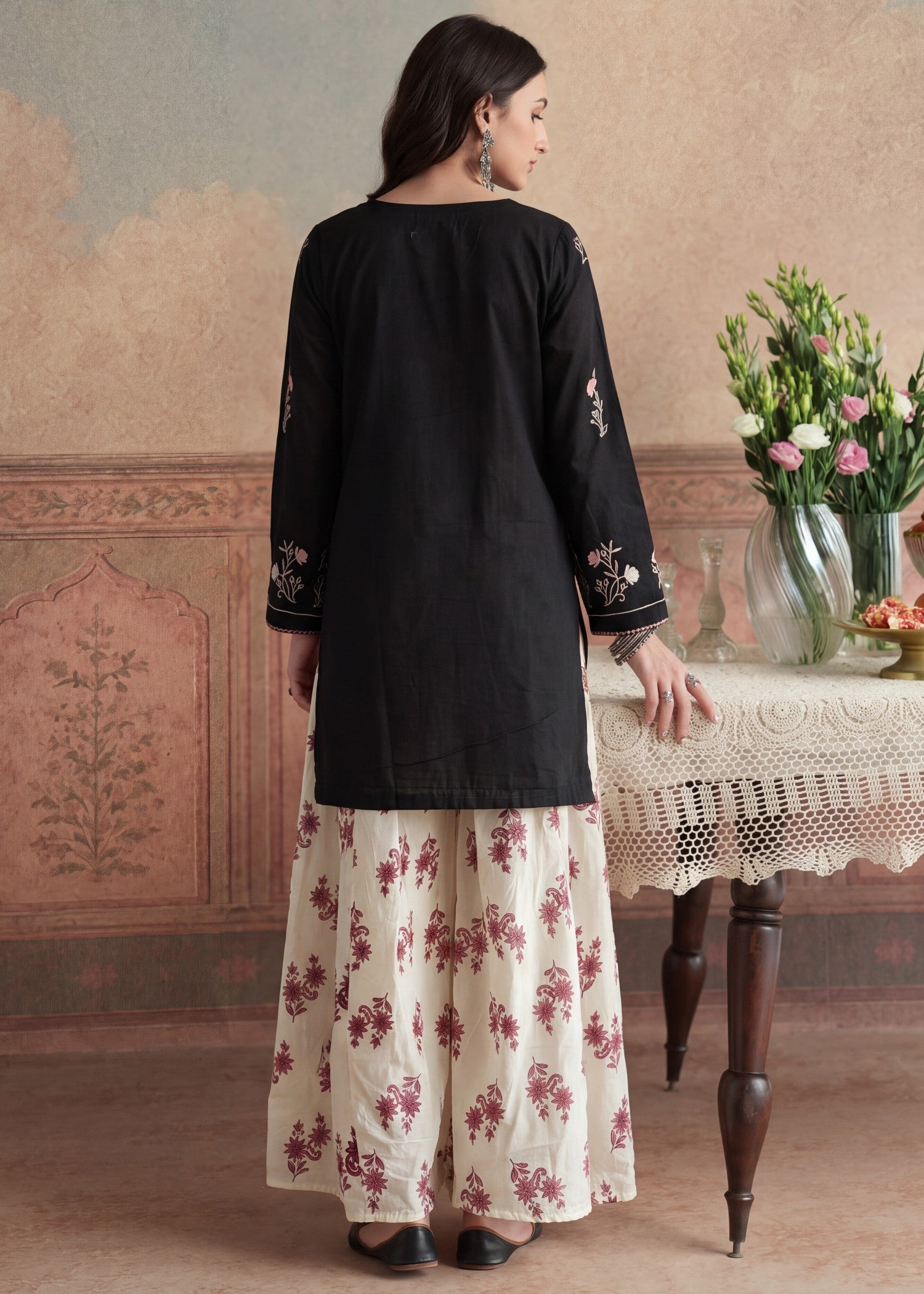 Pakistani Designer Black Lawn Sharara Gharara Online in KSA Riyadh Saudi Arabia Oman Bahrain Qatar
