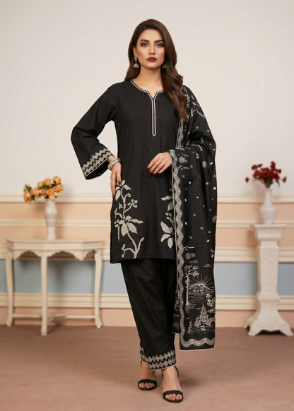 Pakistani Designer Black Lawn Suit Online in KSA Riyadh Saudi Arabia Oman Bahrain Qatar