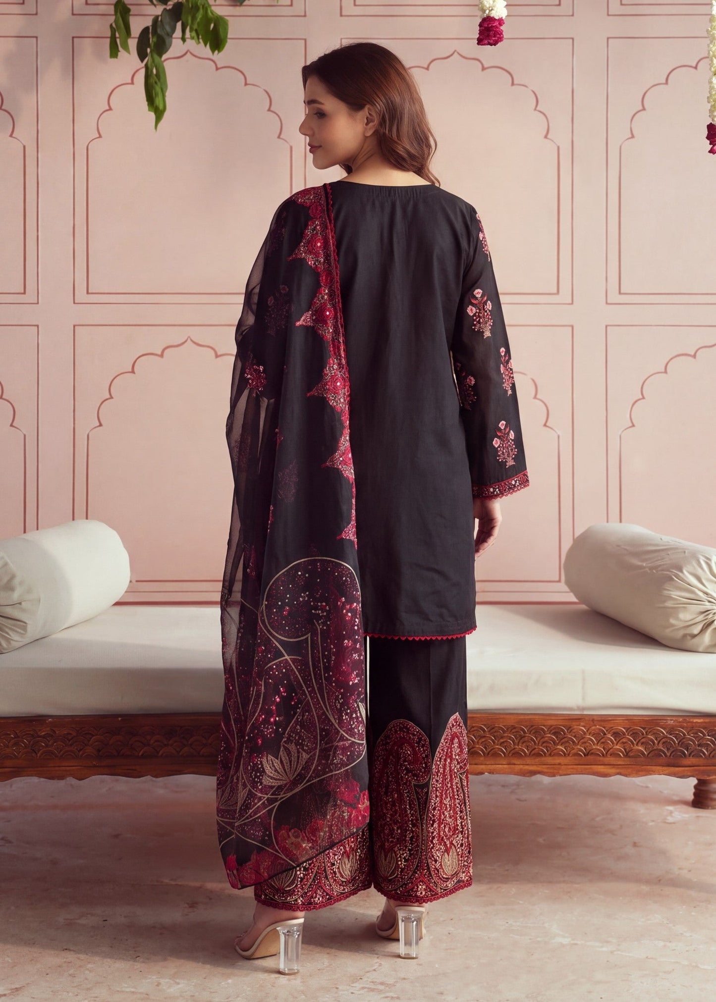 Pakistani Designer Black Lawn Suit Online in KSA Riyadh Saudi Arabia Oman Bahrain Qatar