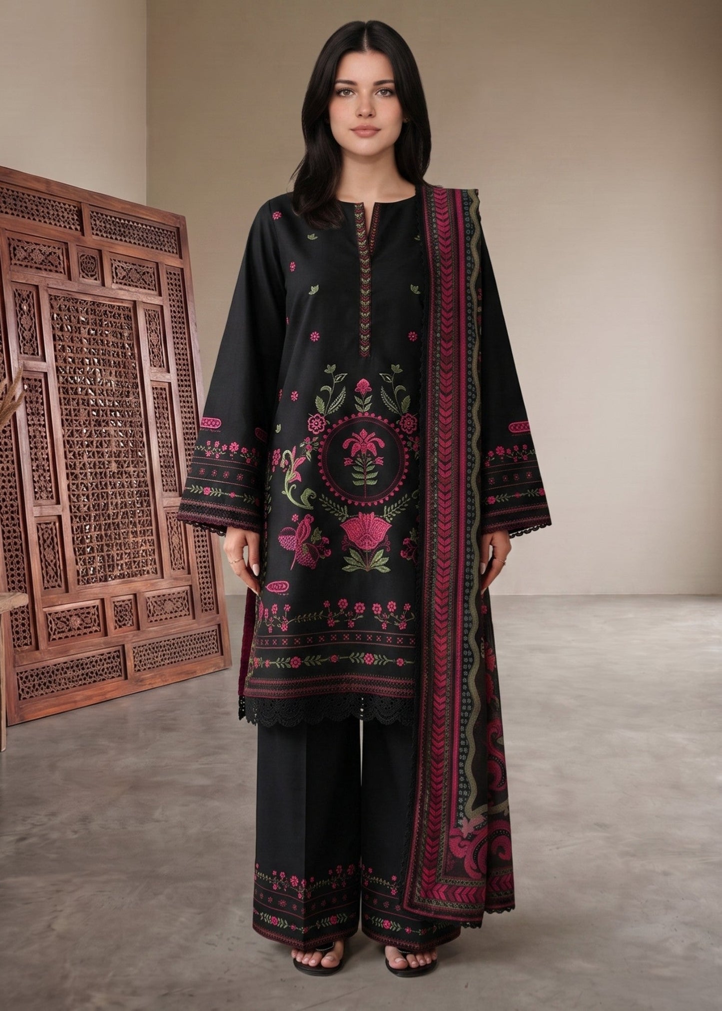 Pakistani Designer Black Lawn Suit with Farshi Shalwar Online in KSA Riyadh Saudi Arabia Oman Bahrain Qatar