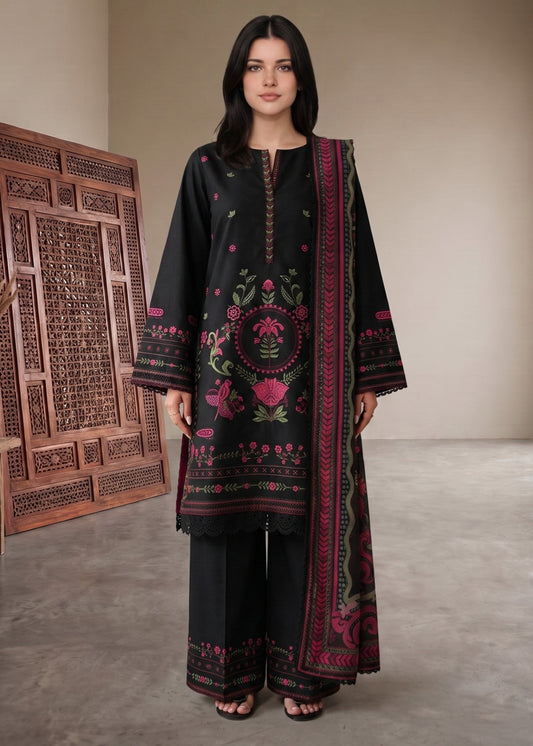 Pakistani Designer Black Lawn Suit with Farshi Shalwar Online in KSA Riyadh Saudi Arabia Oman Bahrain Qatar