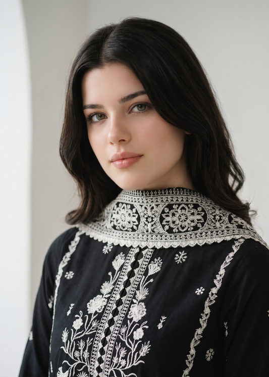 Pakistani Designer Black Lawn Suit with Plazzo Online in KSA Riyadh Saudi Arabia Oman Bahrain Qatar