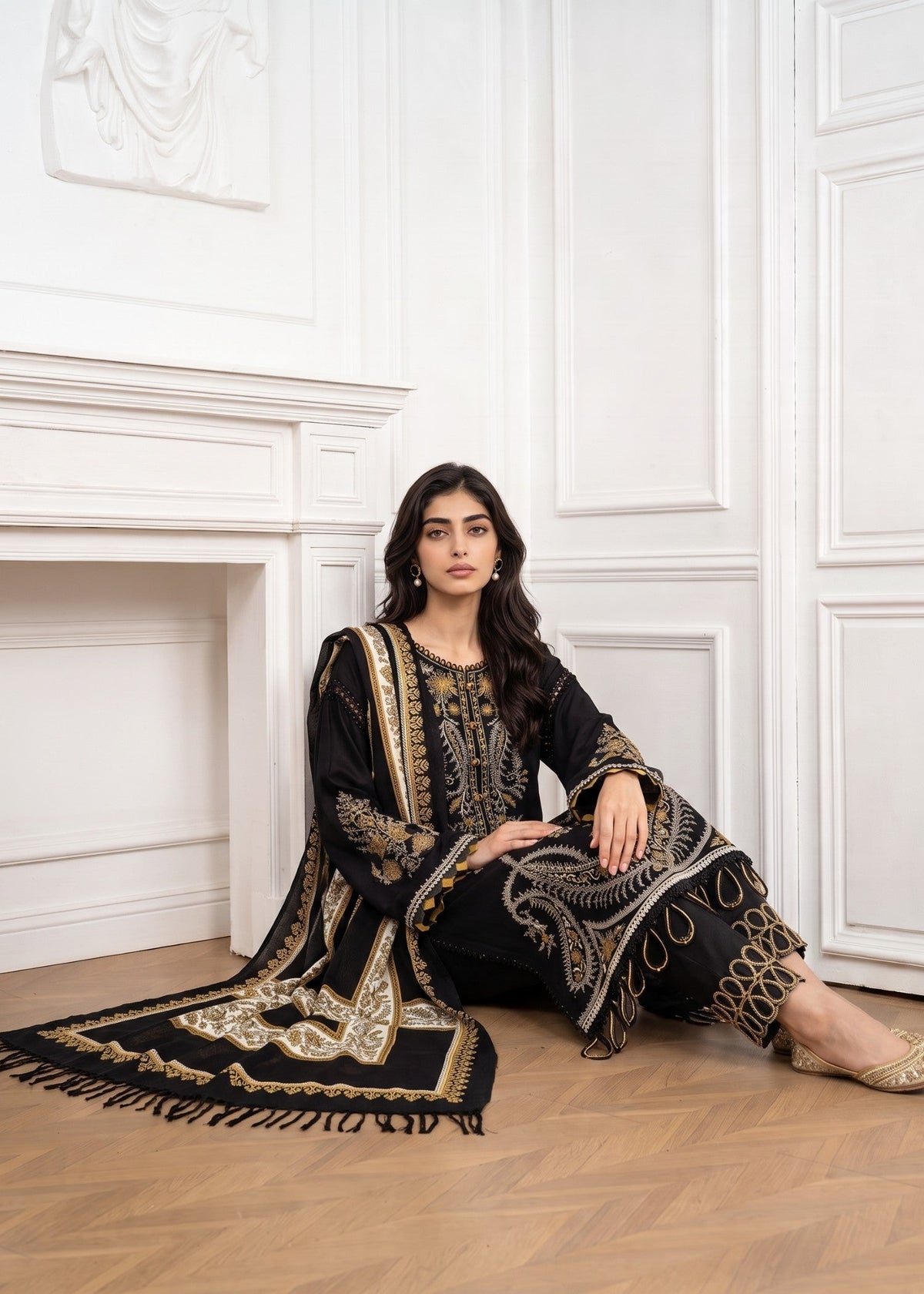 Pakistani Designer Black Linen Salwar Kameez Online in KSA Riyadh Saudi Arabia Oman Bahrain Qatar