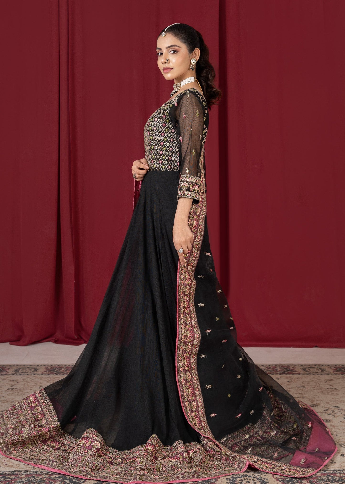 Pakistani Designer Black Net Salwar Kameez Online in KSA Riyadh Saudi Arabia Oman Bahrain Qatar