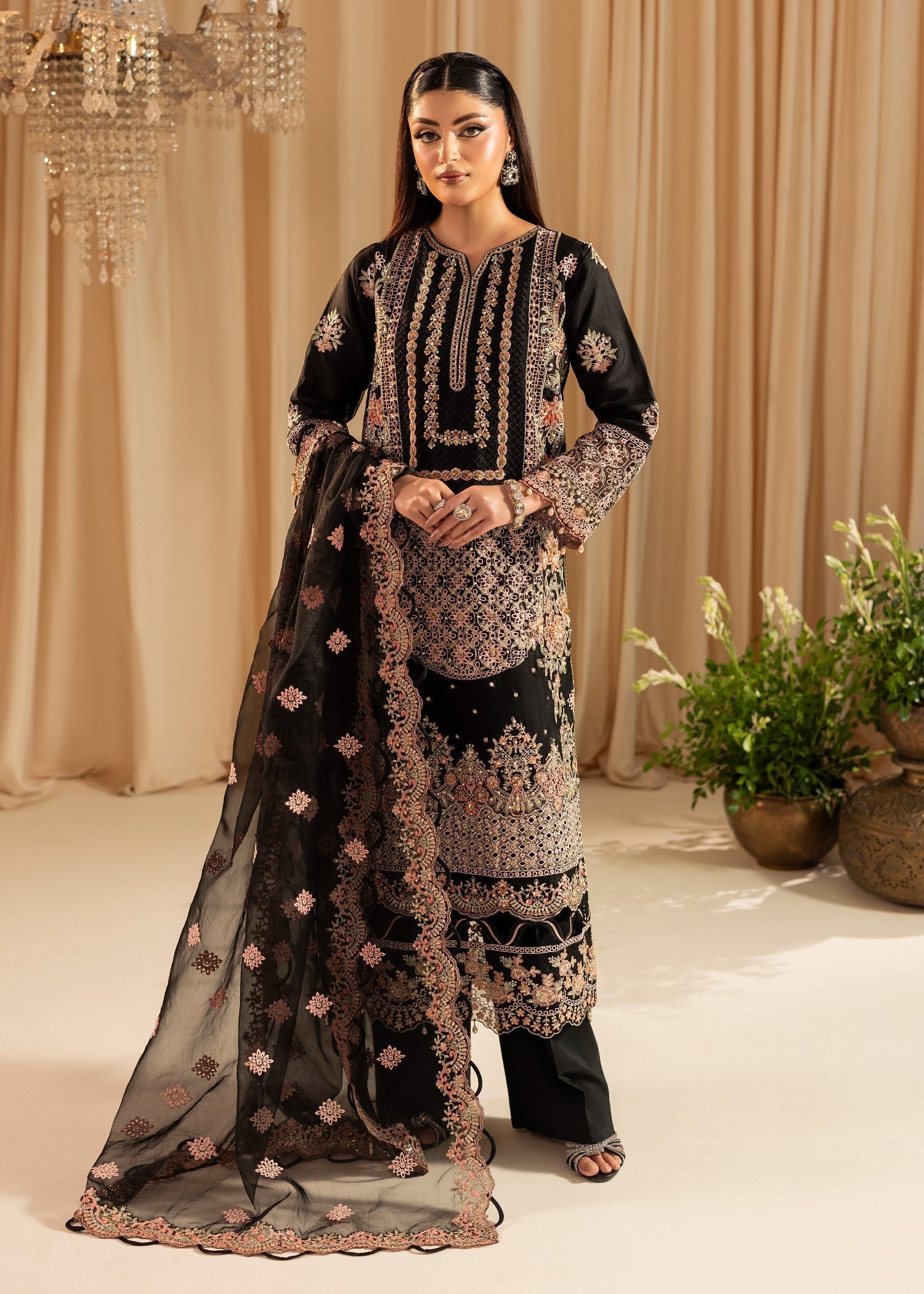 Pakistani Designer Black Organza Embroidered Suit Online in KSA Riyadh Saudi Arabia Oman Bahrain Qatar