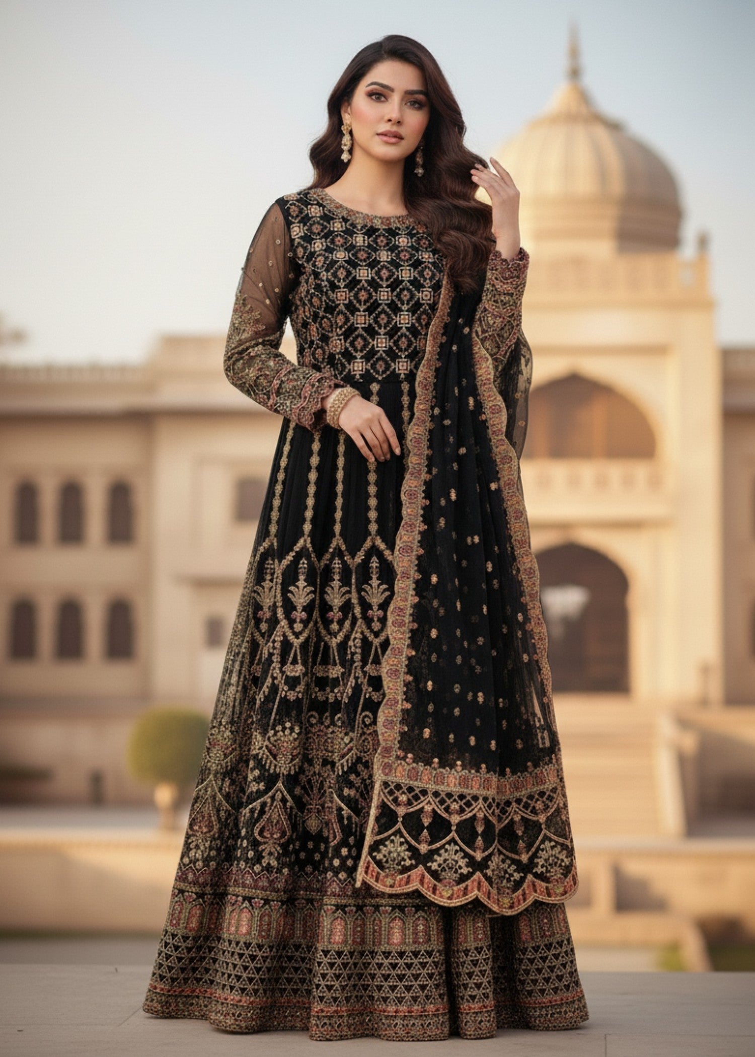 Pakistani Designer Black Organza Salwar Kameez Online in KSA Riyadh Saudi Arabia Oman Bahrain Qatar