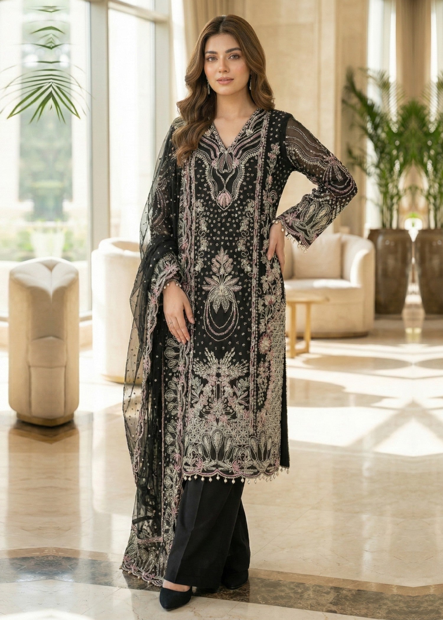 Pakistani Designer Black Organza Salwar Kameez Online in KSA Riyadh Saudi Arabia Oman Bahrain Qatar