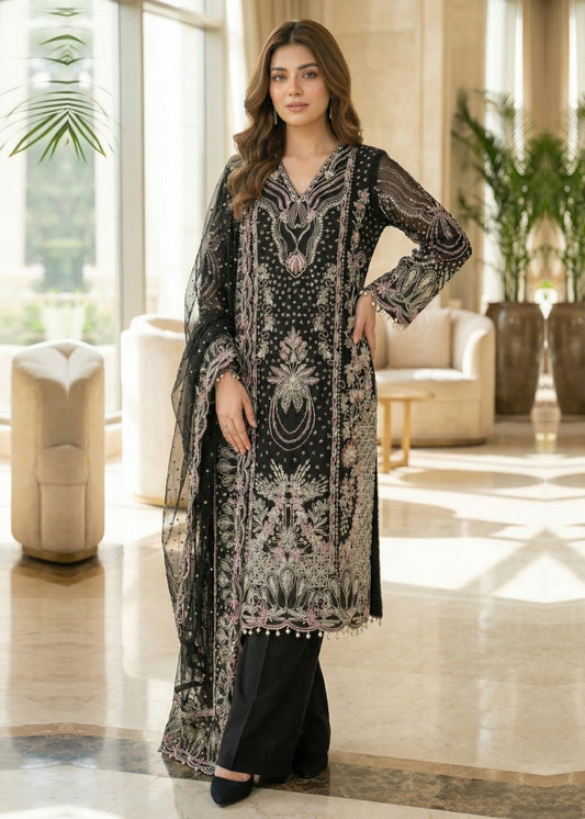 Pakistani Designer Black Organza Salwar Kameez Online in KSA Riyadh Saudi Arabia Oman Bahrain Qatar