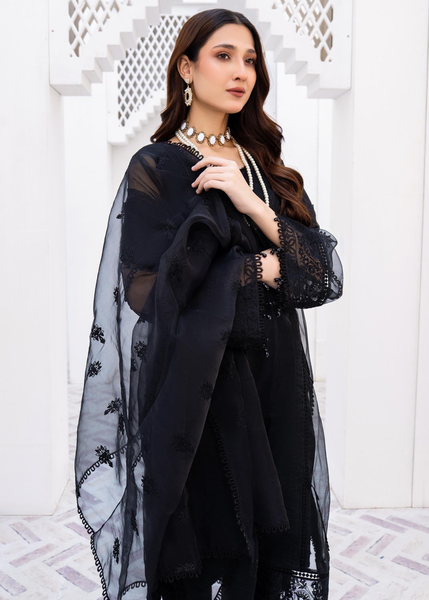 Pakistani Designer Black Organza Salwar Kameez Online in KSA Riyadh Saudi Arabia Oman Bahrain Qatar