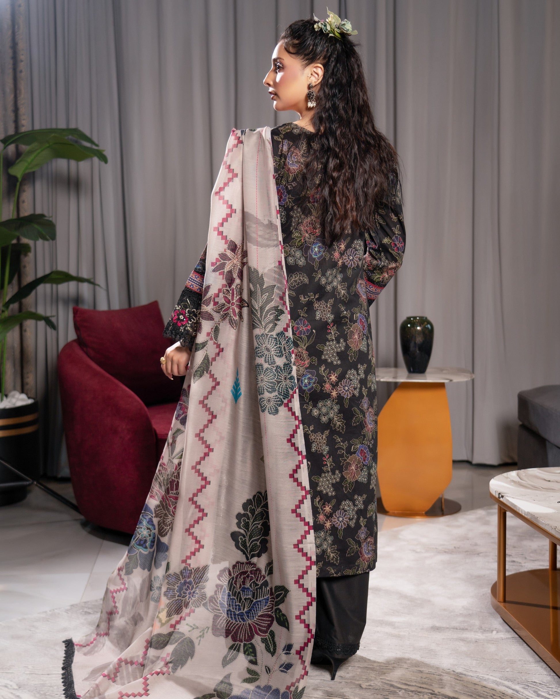 Pakistani Designer Black Patchwork Lawn Salwar Kameez Online in KSA Riyadh Saudi Arabia Oman Bahrain Qatar