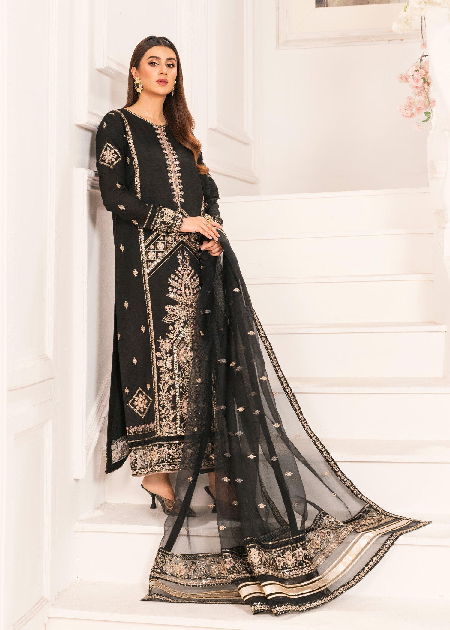 Pakistani Designer Black Raw Silk Embellished Salwar Kameez Online in KSA Riyadh Saudi Arabia Oman Bahrain Qatar