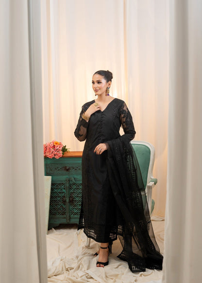 Pakistani Designer Black Raw Silk Embroidered Salwar Kameez Online in KSA Riyadh Saudi Arabia Oman Bahrain Qatar