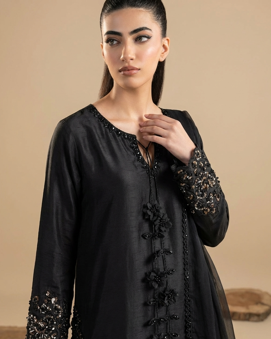 Pakistani Designer Black Raw Silk Embroidered Salwar Kameez Online in KSA Riyadh Saudi Arabia Oman Bahrain Qatar