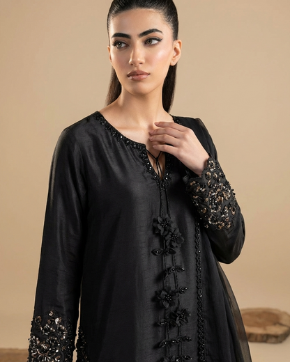 Pakistani Designer Black Raw Silk Embroidered Salwar Kameez Online in KSA Riyadh Saudi Arabia Oman Bahrain Qatar