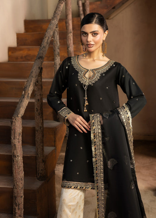 Pakistani Designer Black Raw Silk Embroidered Suit Online in KSA Riyadh Saudi Arabia Oman Bahrain Qatar